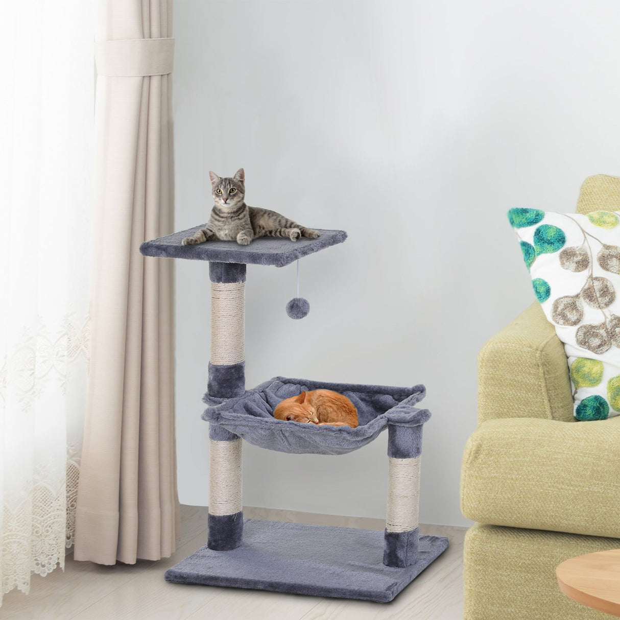 70cm Cat Tree for Indoor Cats Durable Natural Sisal Scratching Posts Hammock Bed Kitty Activity Center, PawHut, Beige