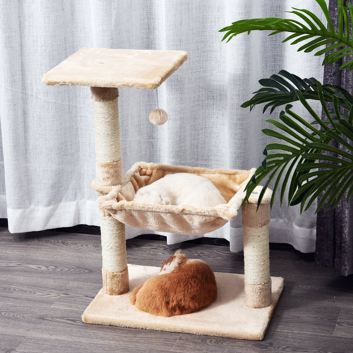 70cm Cat Tree for Indoor Cats Durable Natural Sisal Scratching Posts Hammock Bed Kitty Activity Center, PawHut, Beige