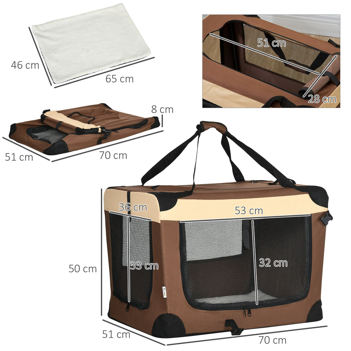 70cm Foldable Pet Carrier for Cats & Small Dogs, PawHut, Brown