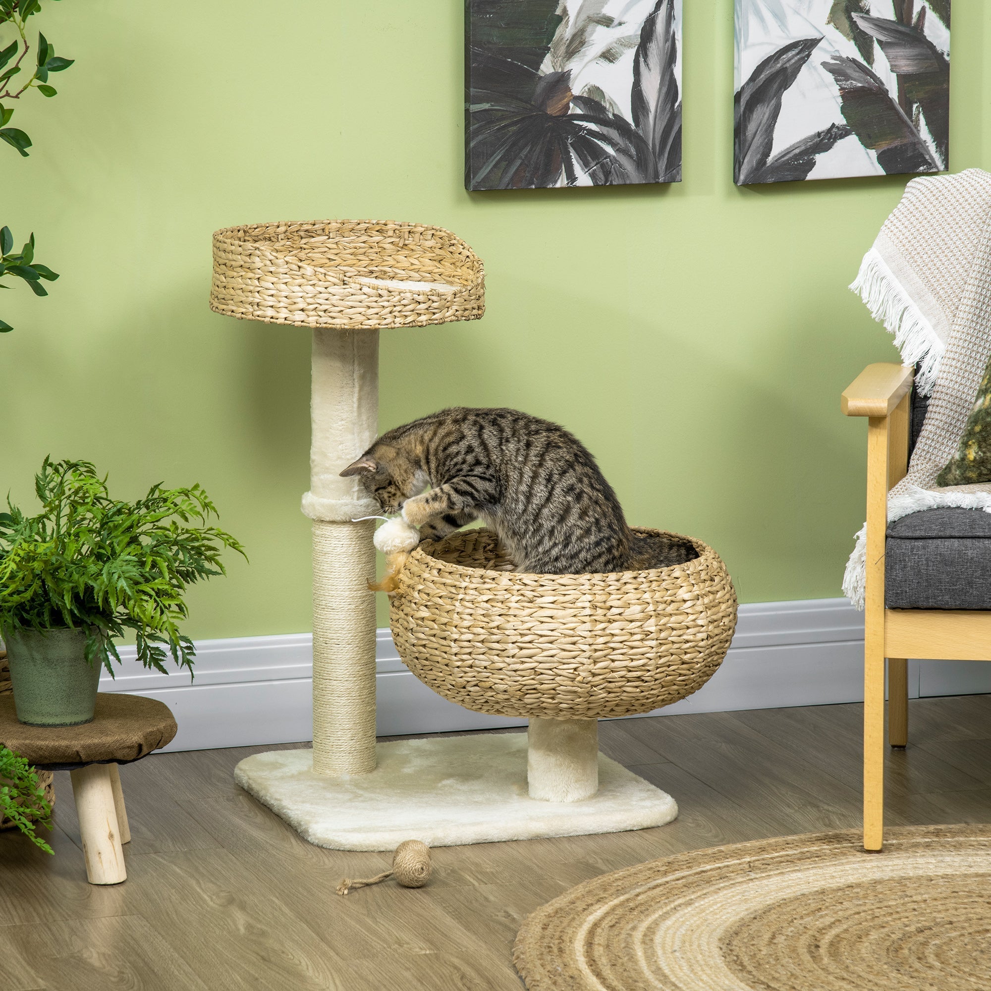72cm Cat Tree Kitten Tower, with Sisal Scratching Post, Two Beds, Toy Ball, PawHut,