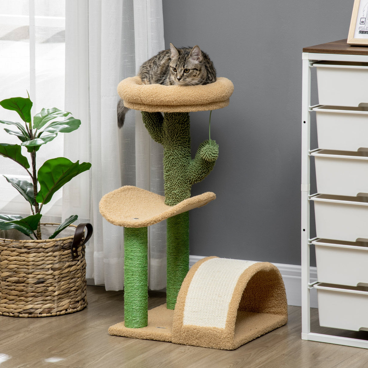 72cm Cat Tree, Kitty Activity Center, Wooden Cat Climbing Toy, Cat Tower with Bed Ball Toy Sisal Scratching Post Curved Pad, Yellow, PawHut,