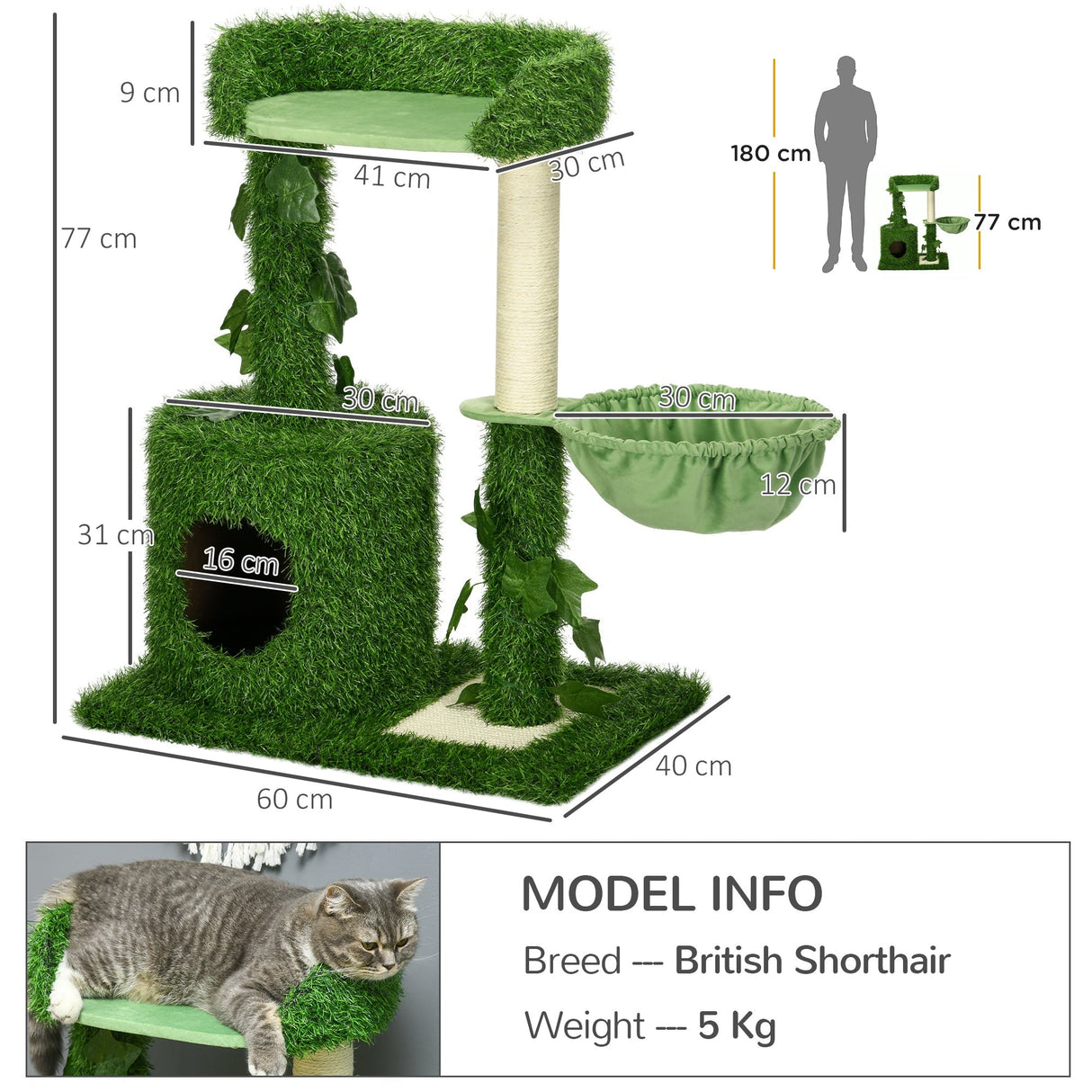 77cm Cat Tree for Indoor Cats with Green Leaves, Scratching Posts, Hammock - Green, PawHut,