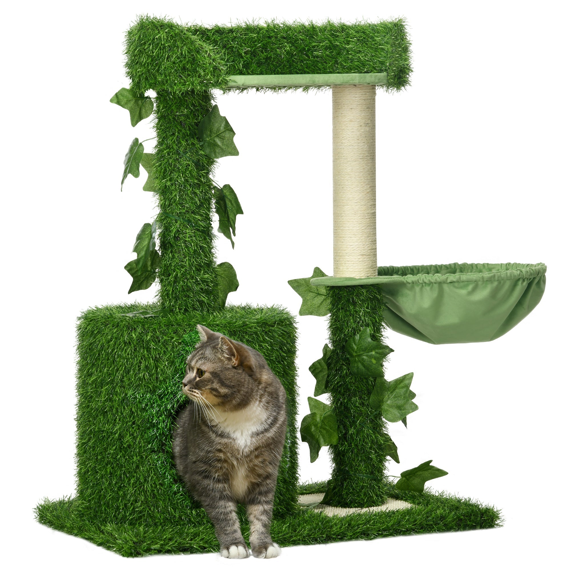 77cm Cat Tree for Indoor Cats with Green Leaves, Scratching Posts, Hammock - Green, PawHut,