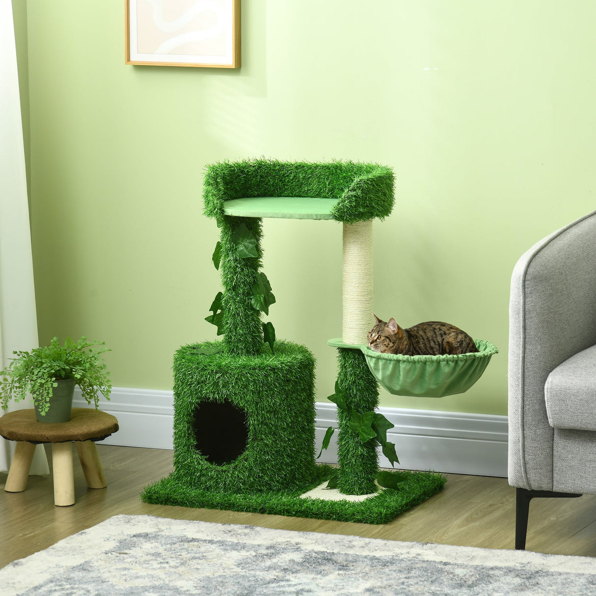 77cm Cat Tree for Indoor Cats with Green Leaves, Scratching Posts, Hammock - Green, PawHut,