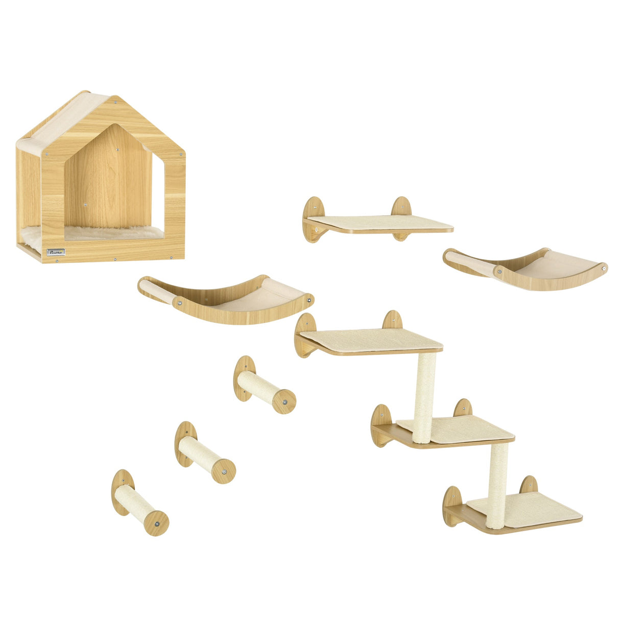 8 Piece Cat Shelves Set, with Cat House, Three Perches, Three Scratching Posts, PawHut,