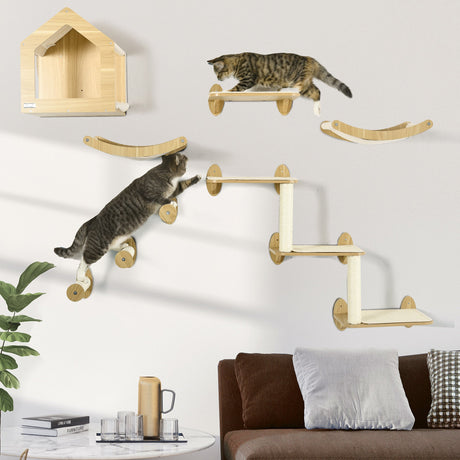 8 Piece Cat Shelves Set, with Cat House, Three Perches, Three Scratching Posts, PawHut,