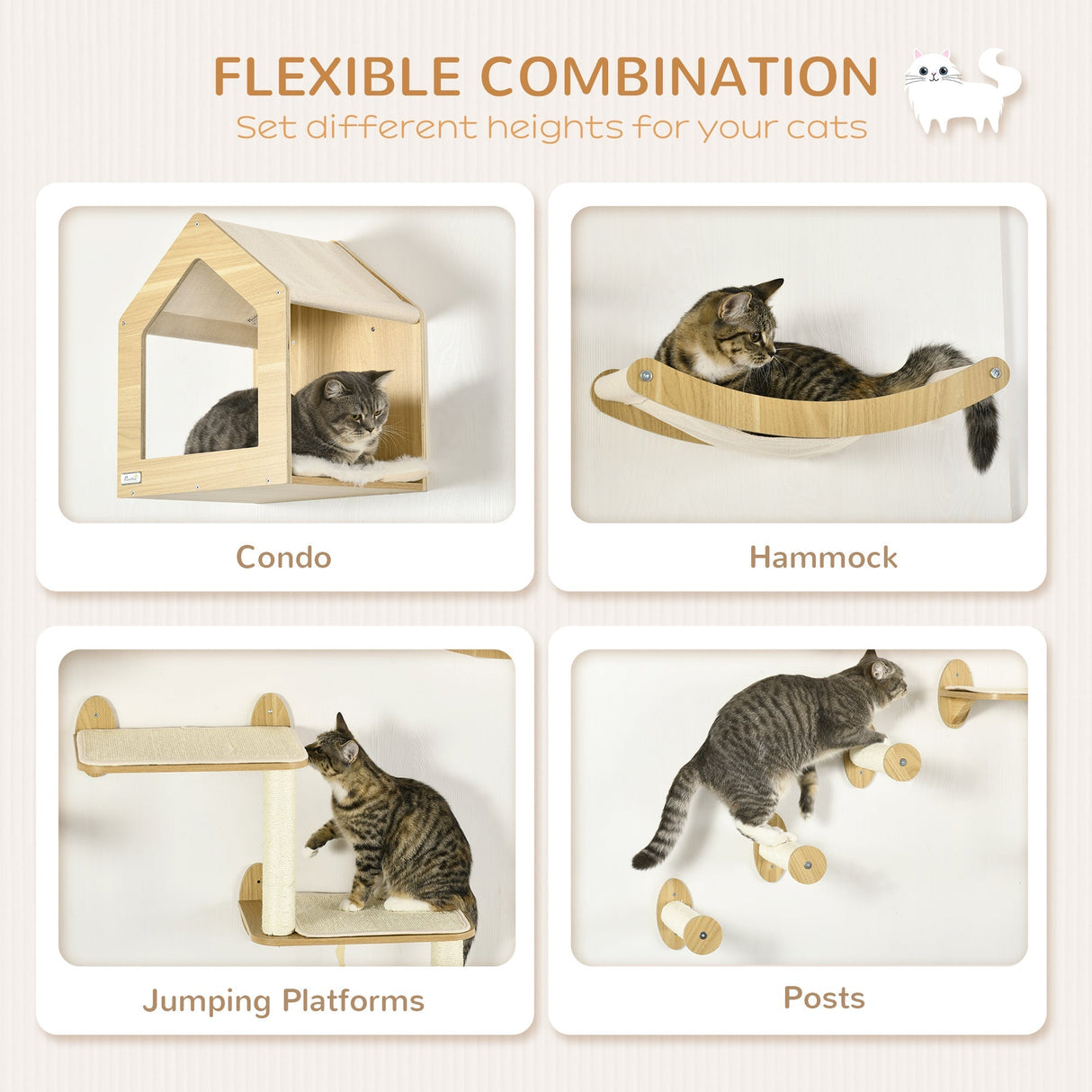 8 Piece Cat Shelves Set, with Cat House, Three Perches, Three Scratching Posts, PawHut,