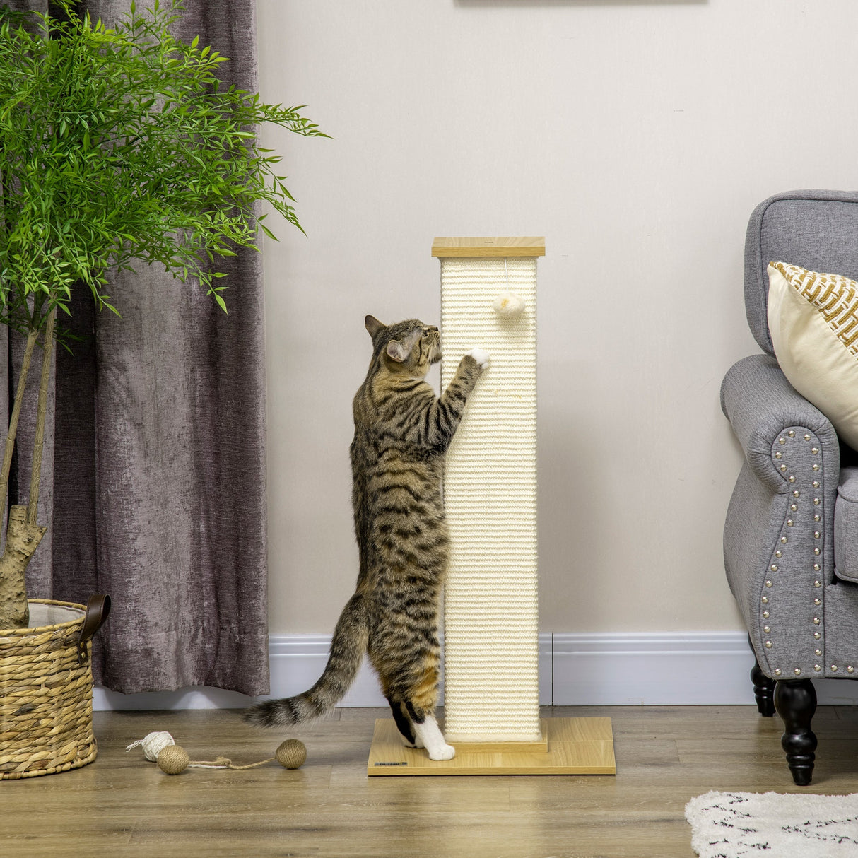 80cm Scratching Post, with Toy Ball, Sisal Rope - White, PawHut,