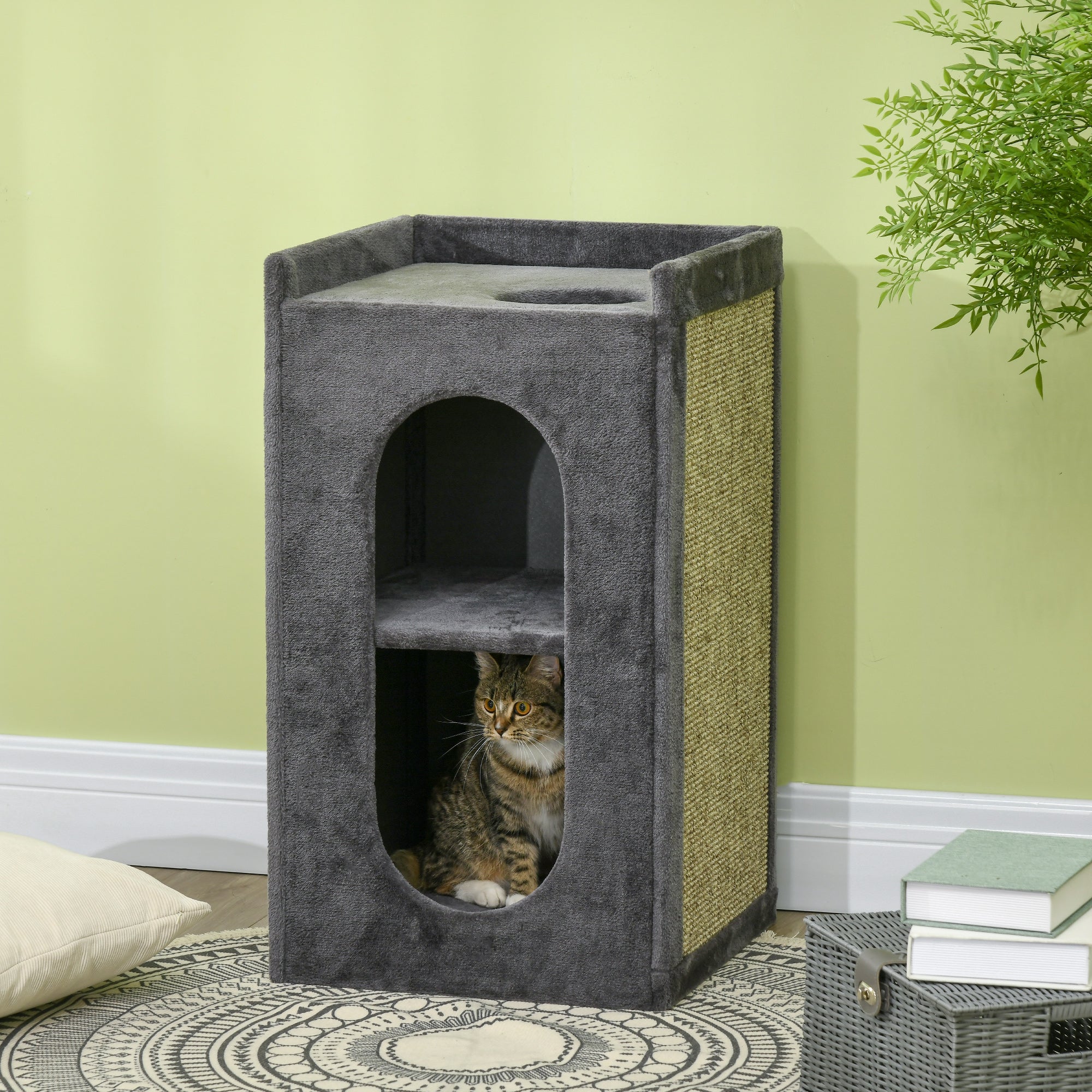 81cm Cat Scratching Barrel, with Two Cat Houses for Indoor Cats, Grey, PawHut,