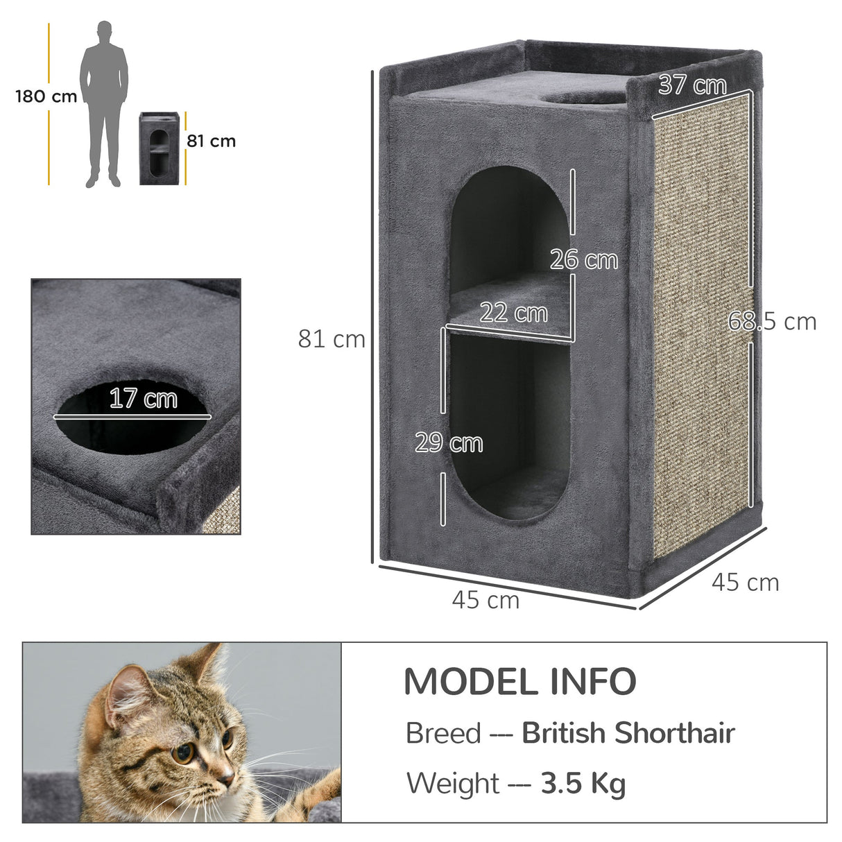 81cm Cat Scratching Barrel, with Two Cat Houses for Indoor Cats, Grey, PawHut,