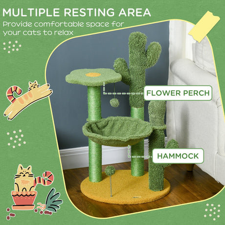 82cm Chenille Cactus Cat Tree with Scratching Post, Hammock, Green, PawHut,