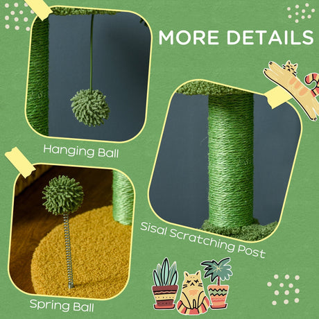 82cm Chenille Cactus Cat Tree with Scratching Post, Hammock, Green, PawHut,