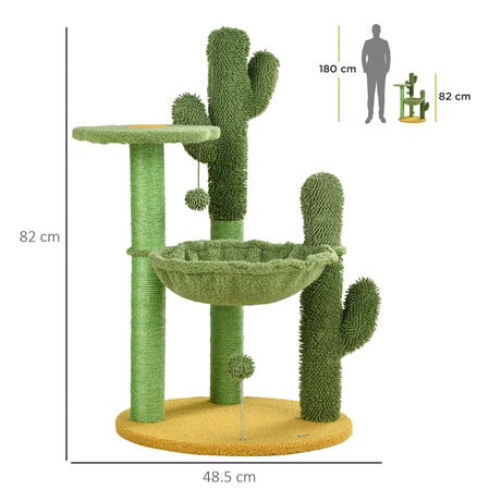 82cm Chenille Cactus Cat Tree with Scratching Post, Hammock, Green, PawHut,