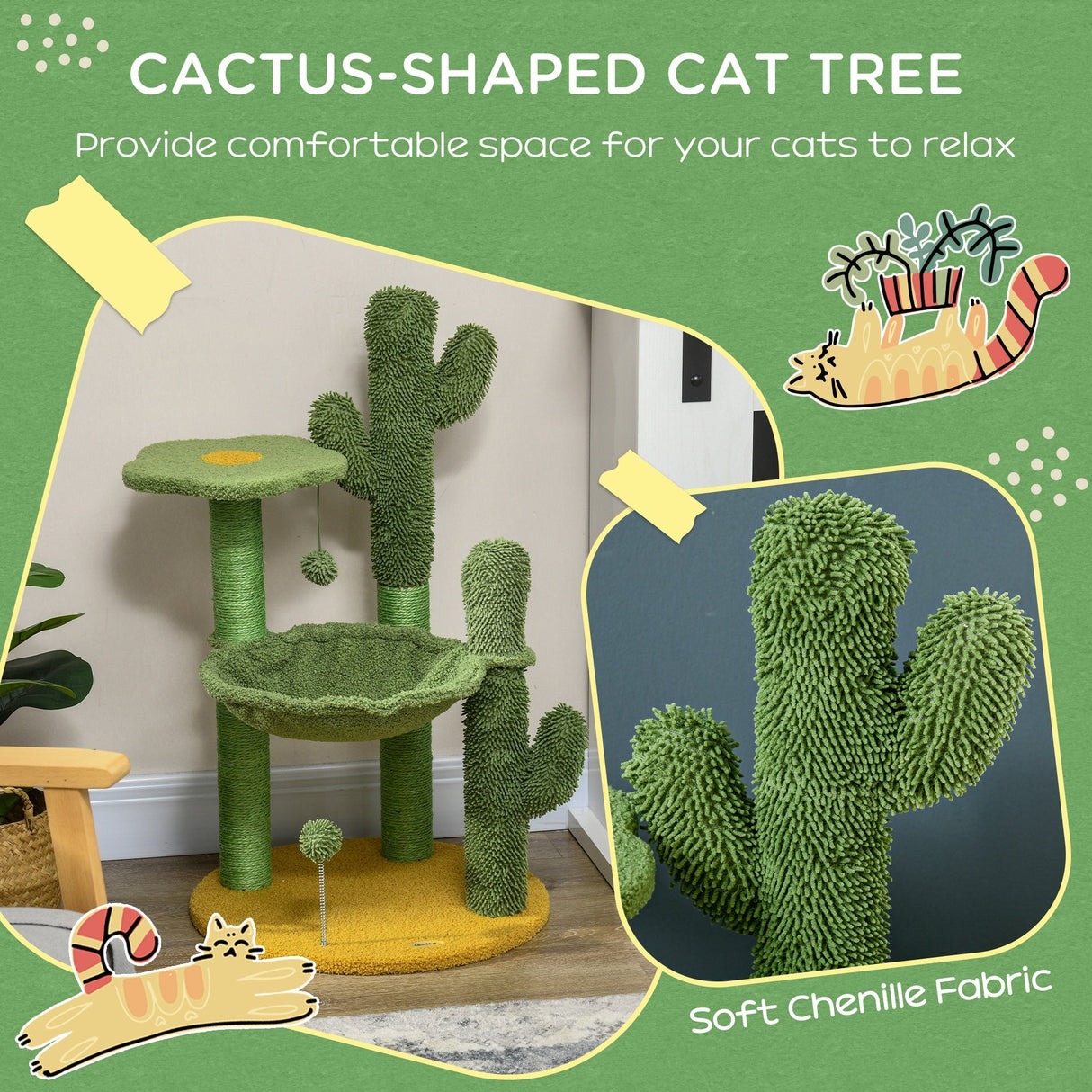 82cm Chenille Cactus Cat Tree with Scratching Post, Hammock, Green, PawHut,