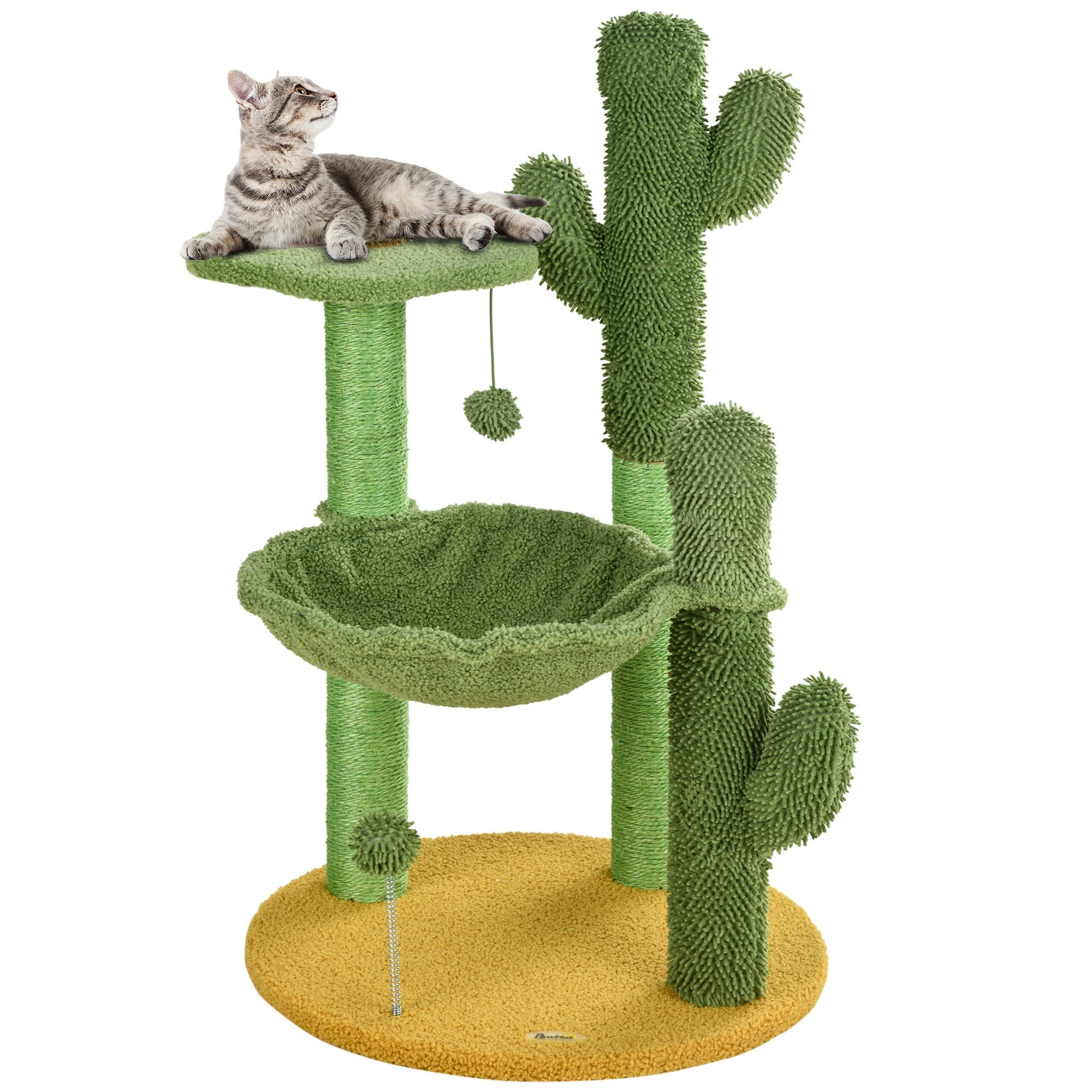 82cm Chenille Cactus Cat Tree with Scratching Post, Hammock, Green, PawHut,