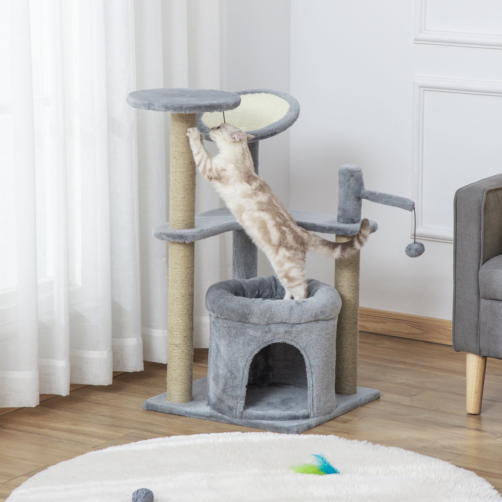87 cm Cat Tree for Indoor Cats, Kitten Tree Tower with Scratching Posts Pad, Cat Condo, Plush Perches, Hanging Ball - Grey, PawHut,