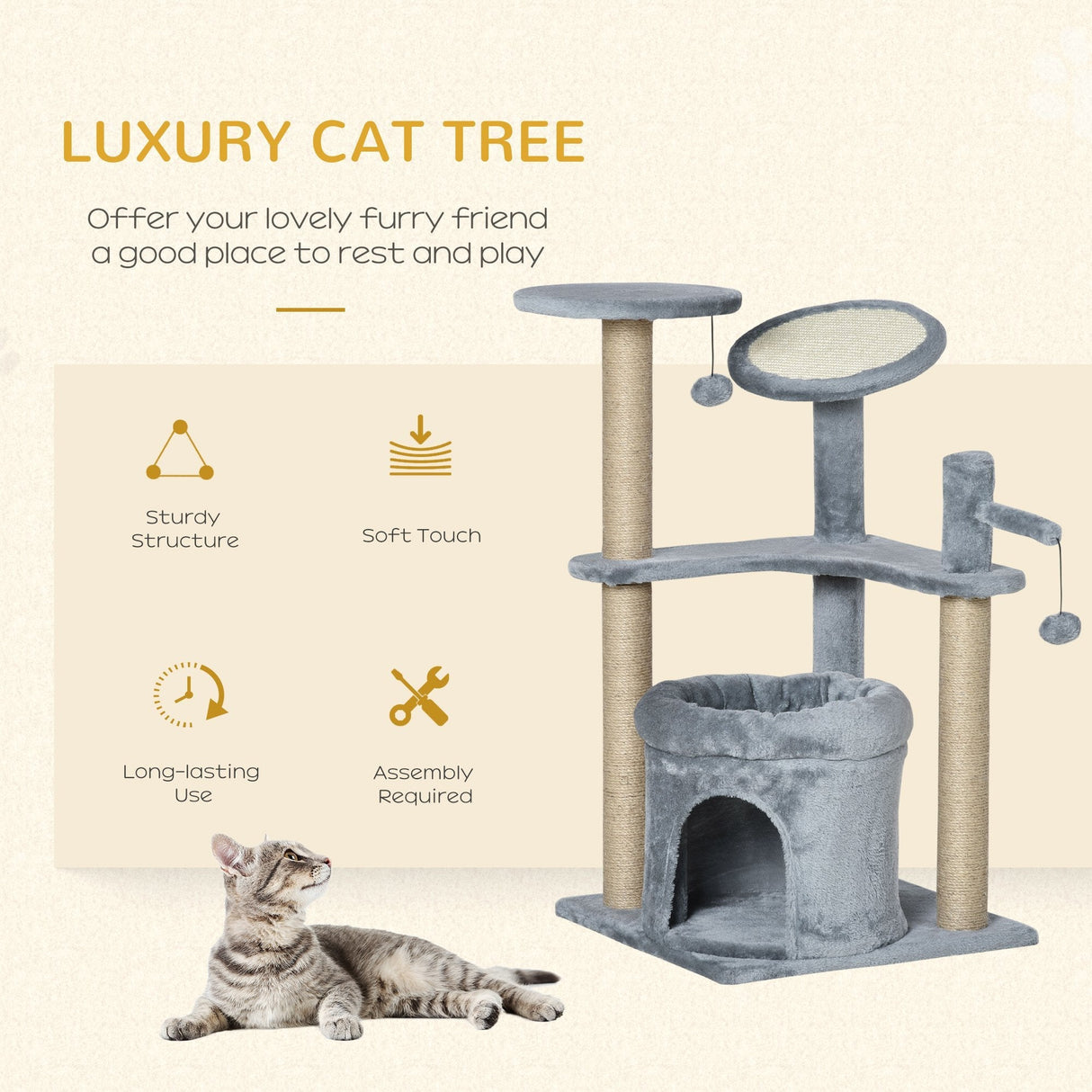 87 cm Cat Tree for Indoor Cats, Kitten Tree Tower with Scratching Posts Pad, Cat Condo, Plush Perches, Hanging Ball - Grey, PawHut,