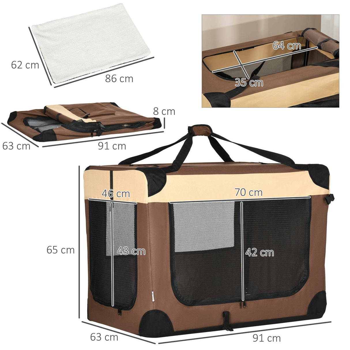 91cm Foldable Pet Carrier, with Cushion, for Medium Dogs and Cats, PawHut, Brown