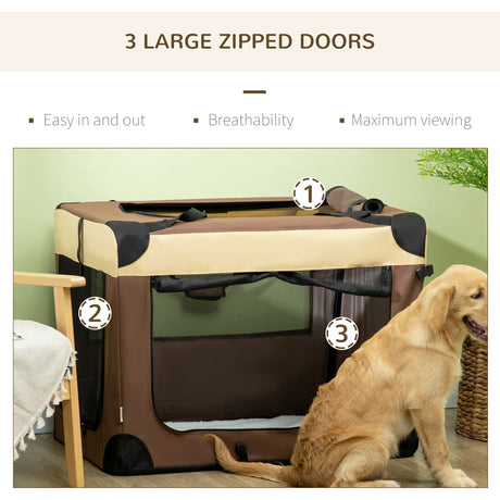 91cm Foldable Pet Carrier, with Cushion, for Medium Dogs and Cats, PawHut, Brown