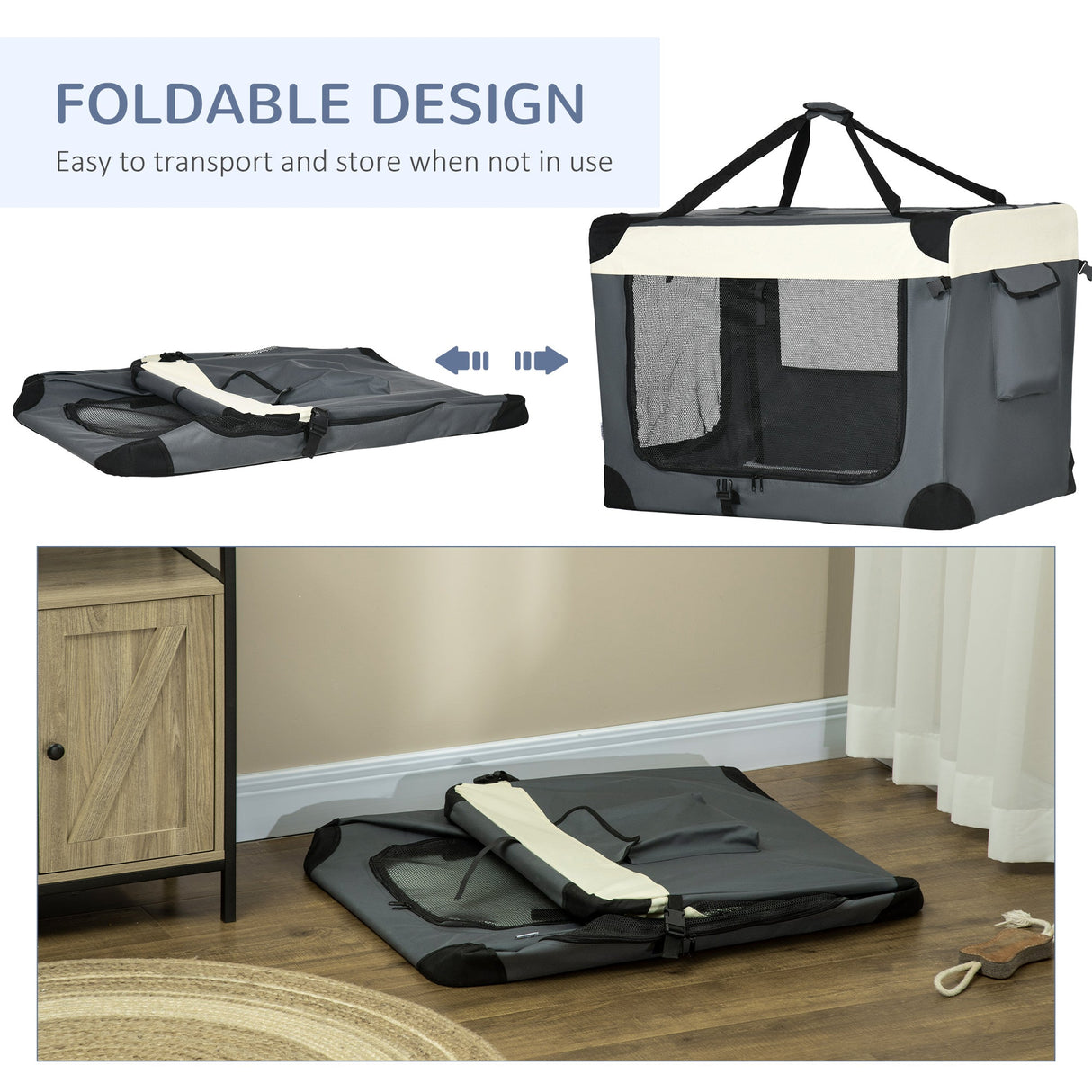 91cm Foldable Pet Carrier, with Cushion, for Medium Dogs and Cats, PawHut, Grey