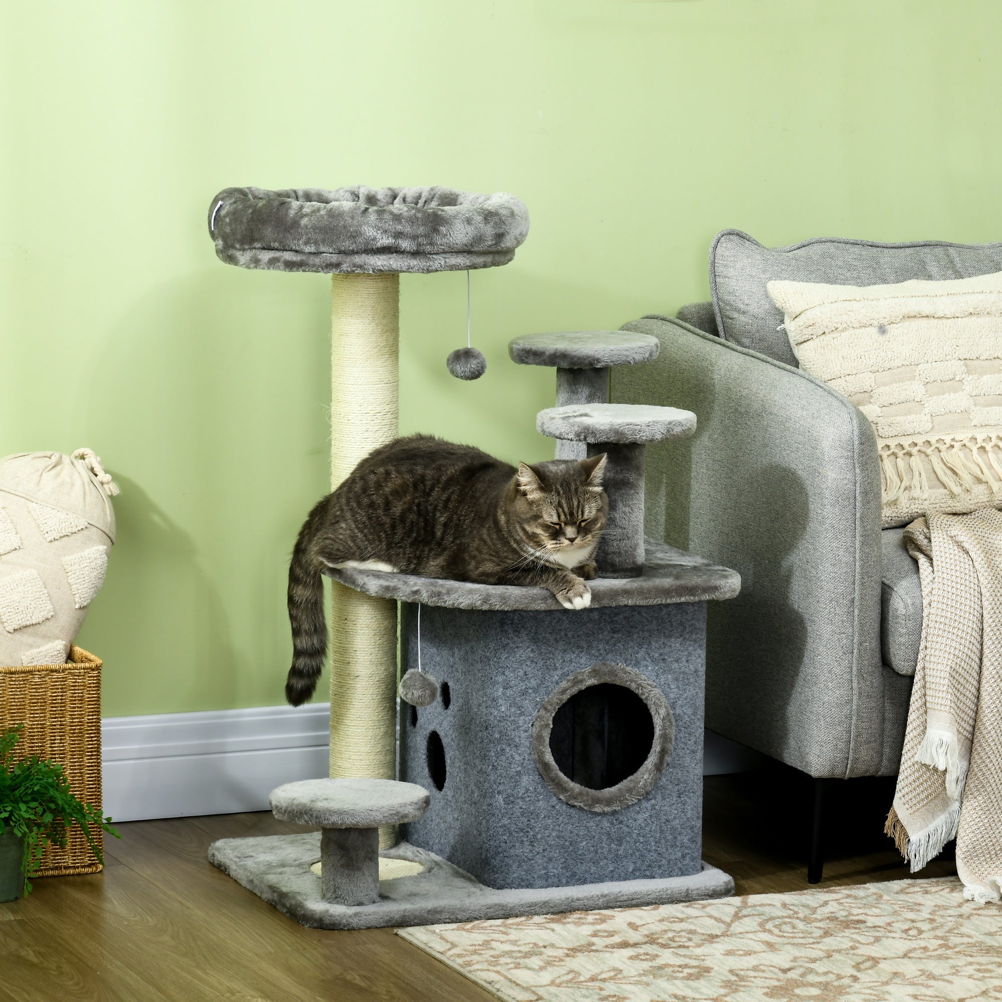 92cm Cat Tree for Indoor Cats with Scratching Posts, House, Bed - Grey, PawHut,