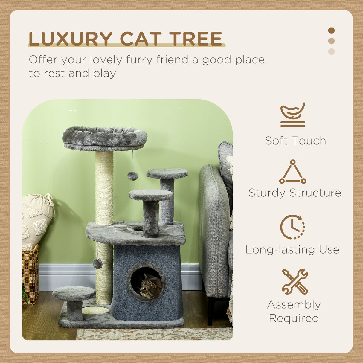 92cm Cat Tree for Indoor Cats with Scratching Posts, House, Bed - Grey, PawHut,