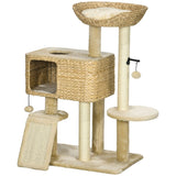 95cm Cat Tree Tower for Indoor Cats, with Scratching Post, Cat House, Toy Ball, Platform - Beige, PawHut,