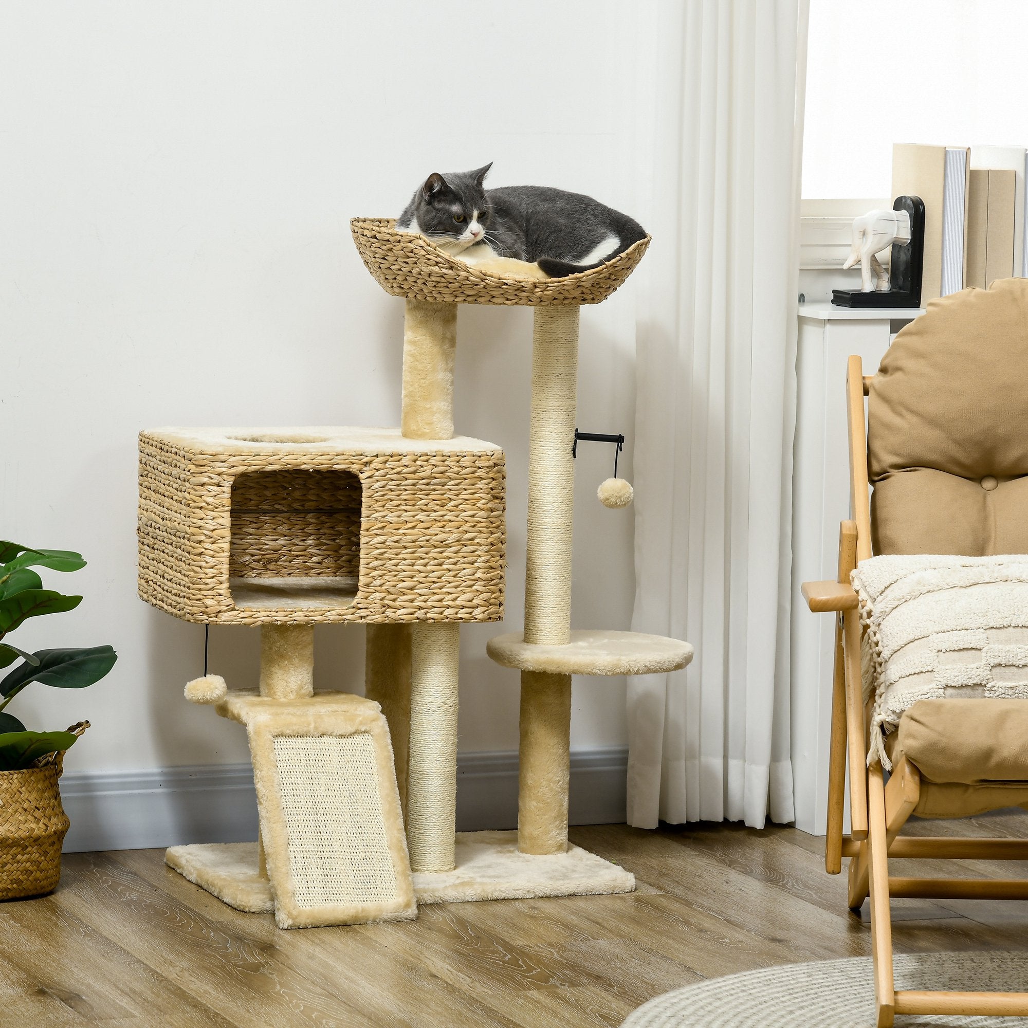 95cm Cat Tree Tower for Indoor Cats, with Scratching Post, Cat House, Toy Ball, Platform - Beige, PawHut,