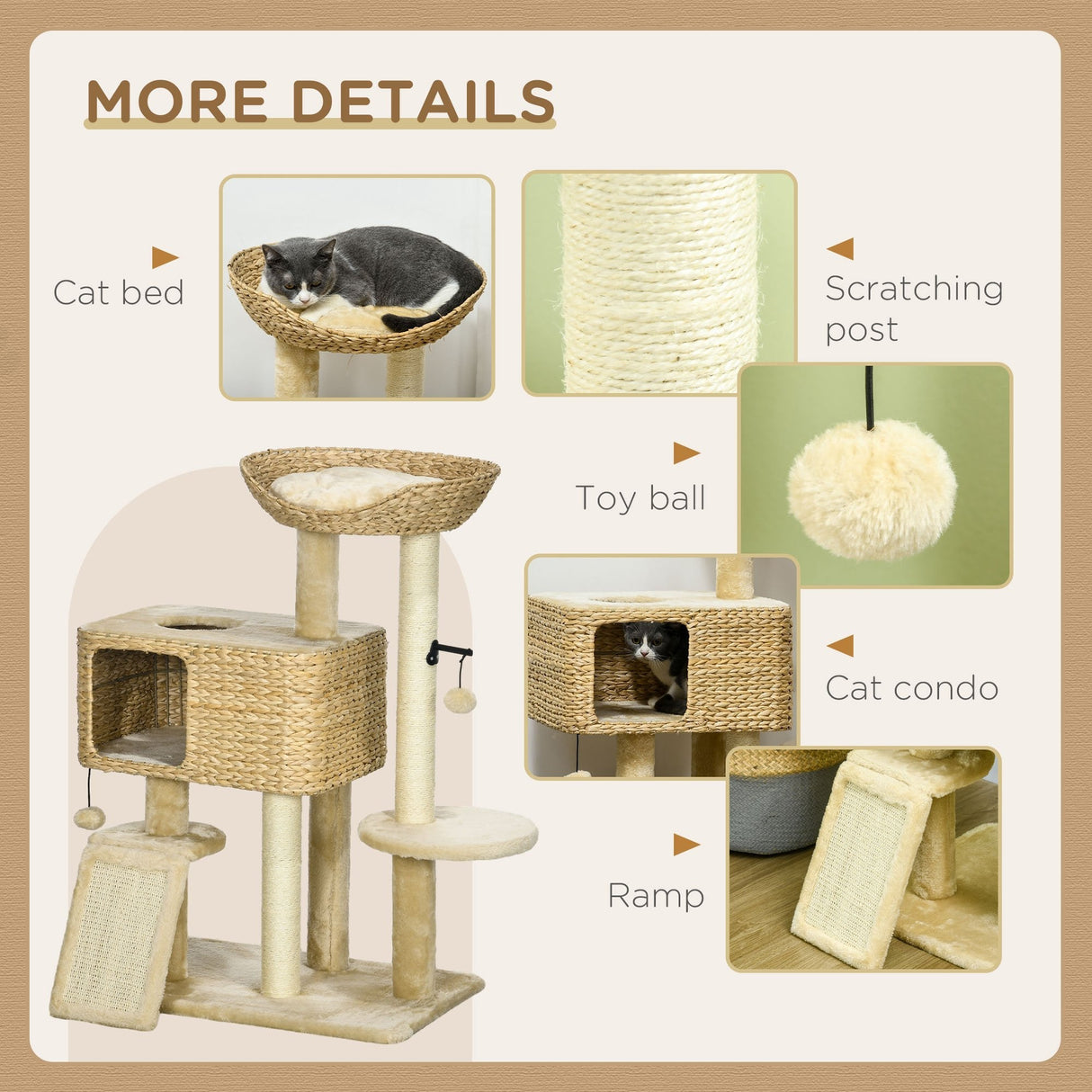 95cm Cat Tree Tower for Indoor Cats, with Scratching Post, Cat House, Toy Ball, Platform - Beige, PawHut,