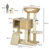 95cm Cat Tree Tower for Indoor Cats, with Scratching Post, Cat House, Toy Ball, Platform - Beige, PawHut,