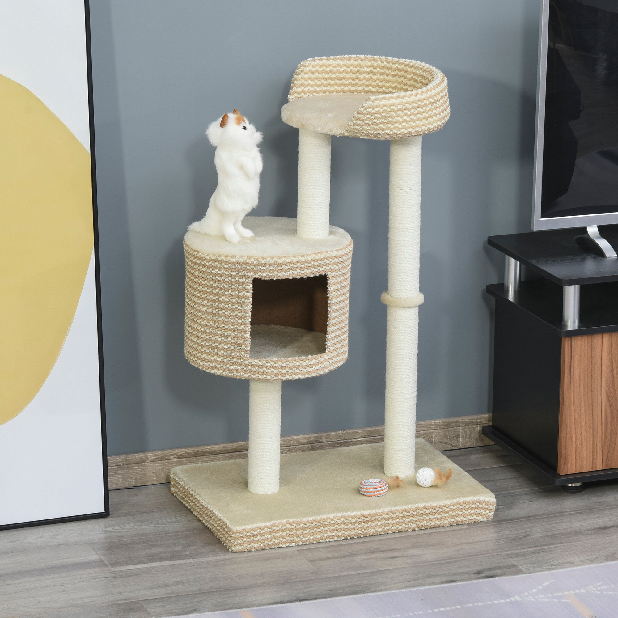 96cm Cat Tree, Cat Condo Tree Tower for Indoor Cats, Cat Activity Centre with Scratching Posts, Plus Perch - Beige, PawHut,