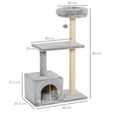 96cm Cat Tree for Indoor Cats Condo Sisal Scratching Post Cat Tower Kitten Play House Dangling Ball Activity Center Furniture Grey, PawHut,