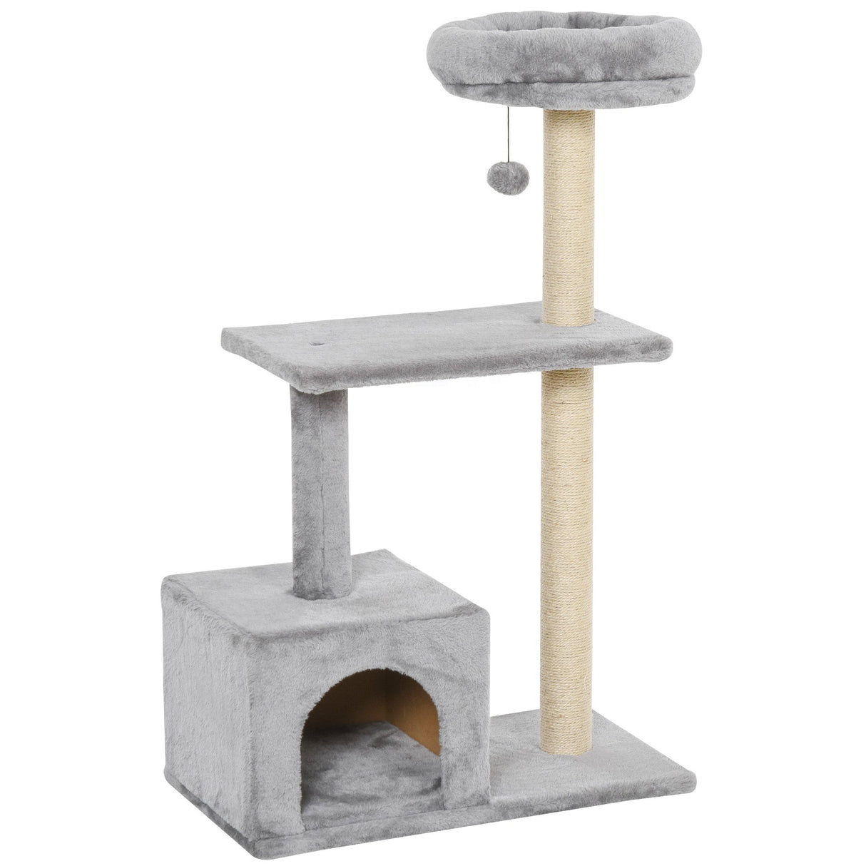 96cm Cat Tree for Indoor Cats Condo Sisal Scratching Post Cat Tower Kitten Play House Dangling Ball Activity Center Furniture Grey, PawHut,