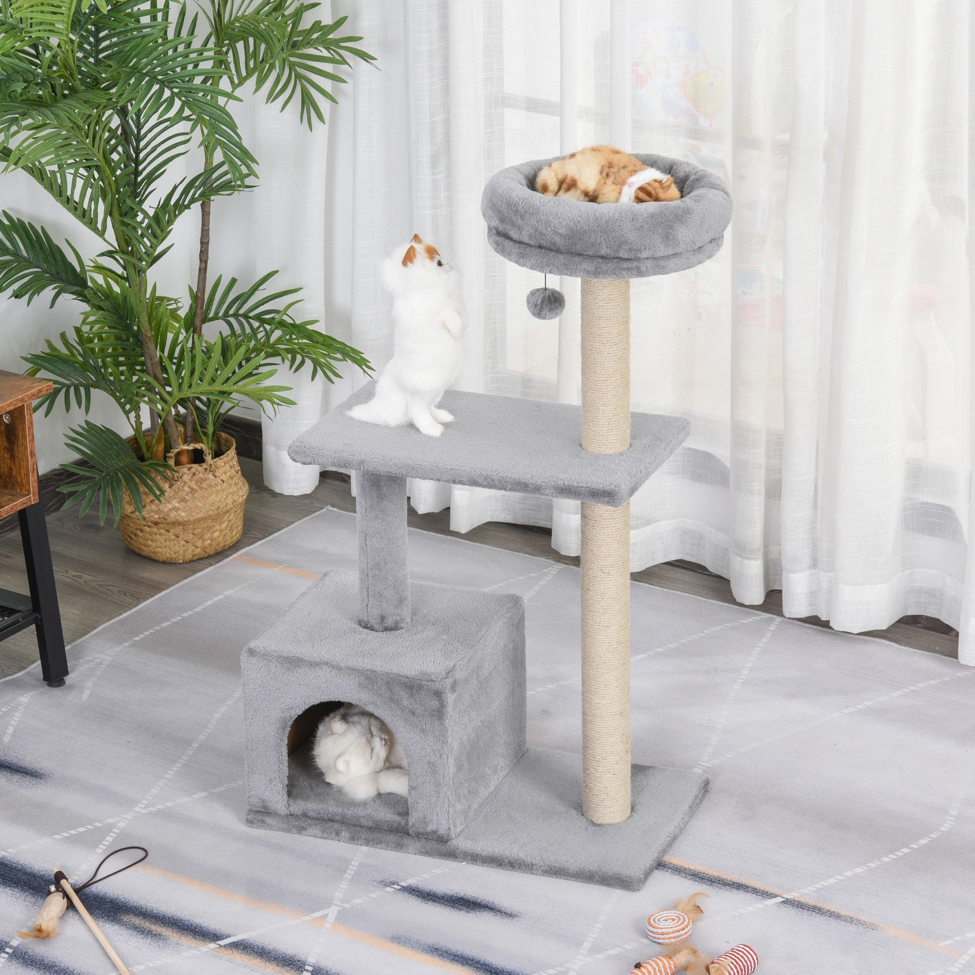 96cm Cat Tree for Indoor Cats Condo Sisal Scratching Post Cat Tower Kitten Play House Dangling Ball Activity Center Furniture Grey, PawHut,