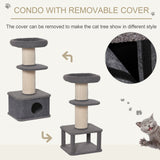 96cm Cat Tree for Indoor Cats Kitten Tower Multi level Activity Center Pet Furniture with Sisal Scratching Post Condo Removable Cover Grey, PawHut,