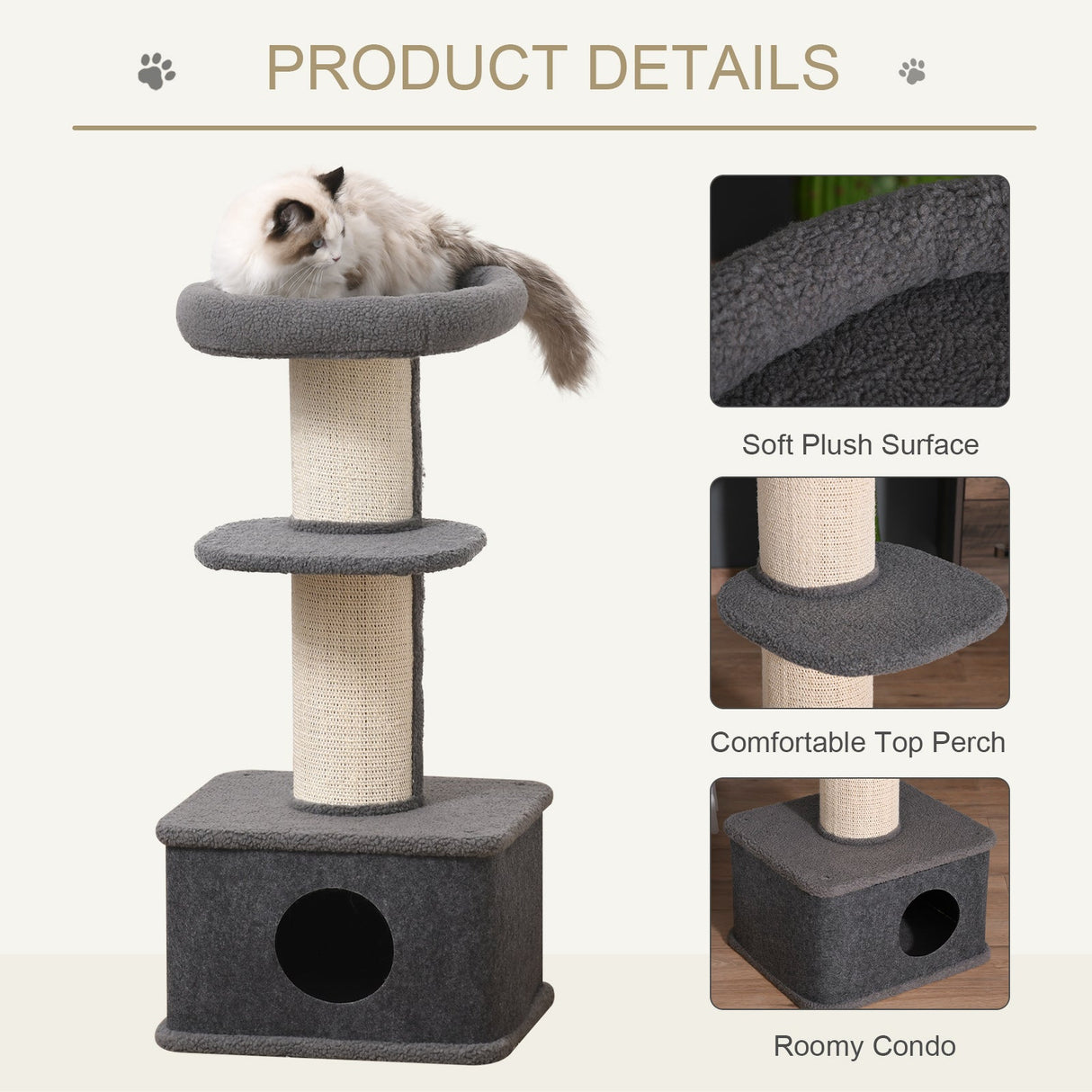 96cm Cat Tree for Indoor Cats Kitten Tower Multi level Activity Center Pet Furniture with Sisal Scratching Post Condo Removable Cover Grey, PawHut,