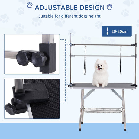 Adjustable Dog Grooming Table Rubber Top 2 Safety Slings Mesh Storage Basket Heavy Metal 107 x 60 x 170cm, PawHut, Black