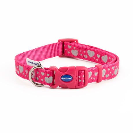 Ancol Reflective Pink Hearts Dog Collar 30 - 50cm, Ancol,