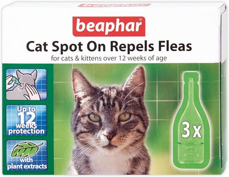 Beaphar Cat Spot On Repels Fleas 12 Week 3 pipettes x 6, Beaphar,