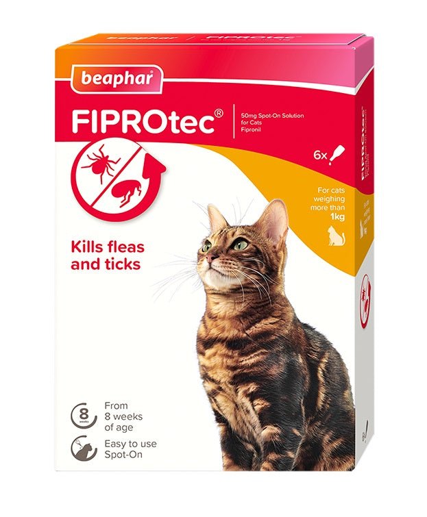 Beaphar FIPROtec Flea & Tick Spot On for Cats, Beaphar, 6 pipettes x 6