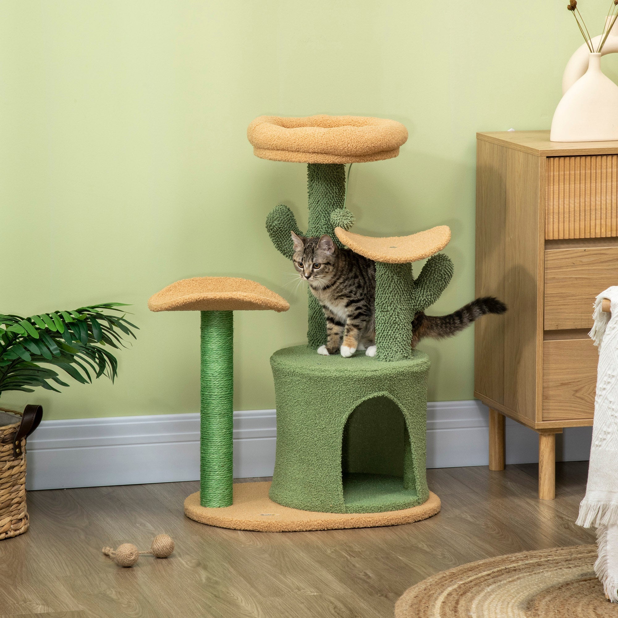 Cactus Cat Tree, 83cm Cat Climbing Tower, kitten Activity Centre with Teddy Fleece House, Bed, Sisal Scratching Post and Hanging Ball, Green, PawHut,