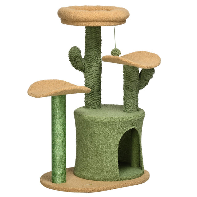 Cactus Cat Tree, 83cm Cat Climbing Tower, kitten Activity Centre with Teddy Fleece House, Bed, Sisal Scratching Post and Hanging Ball, Green, PawHut,