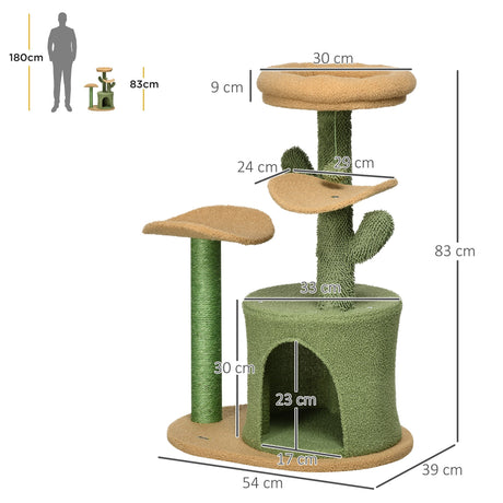 Cactus Cat Tree, 83cm Cat Climbing Tower, kitten Activity Centre with Teddy Fleece House, Bed, Sisal Scratching Post and Hanging Ball, Green, PawHut,