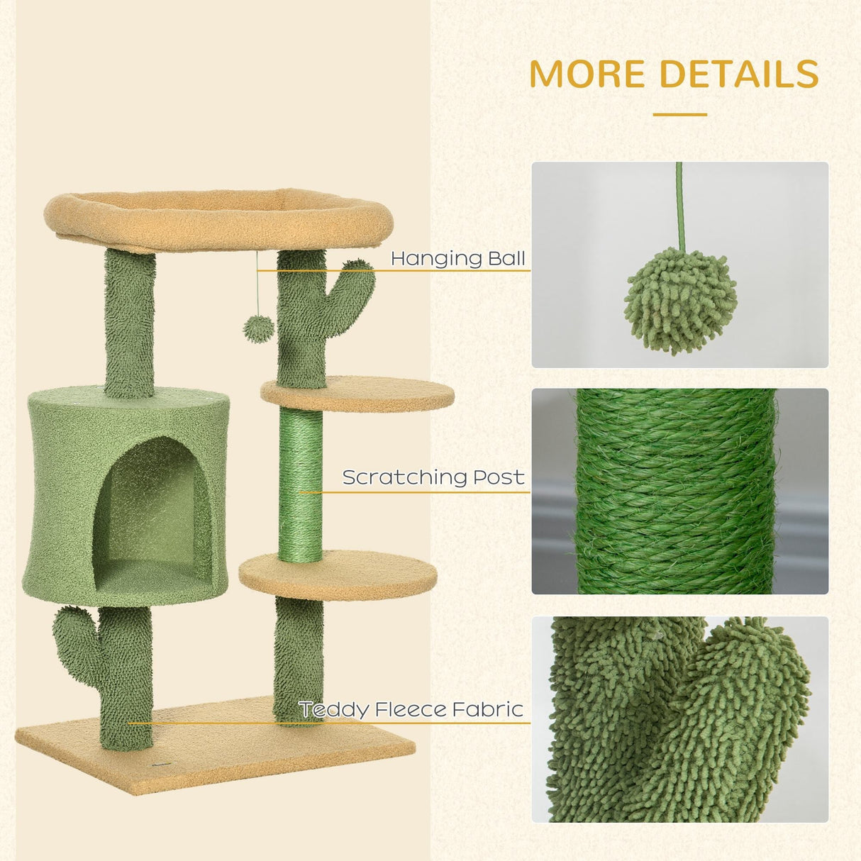 Cactus Cat Tree, 90cm Cat Climbing Tower, kitten Activity Centre with Teddy Fleece House, Bed, Sisal Scratching Posts and Hanging Ball, Green, PawHut,