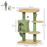 Cactus Cat Tree, 90cm Cat Climbing Tower, kitten Activity Centre with Teddy Fleece House, Bed, Sisal Scratching Posts and Hanging Ball, Green, PawHut,