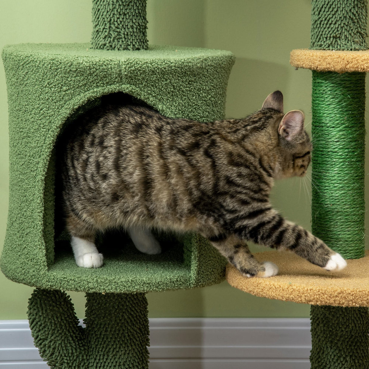 Cactus Cat Tree, 90cm Cat Climbing Tower, kitten Activity Centre with Teddy Fleece House, Bed, Sisal Scratching Posts and Hanging Ball, Green, PawHut,