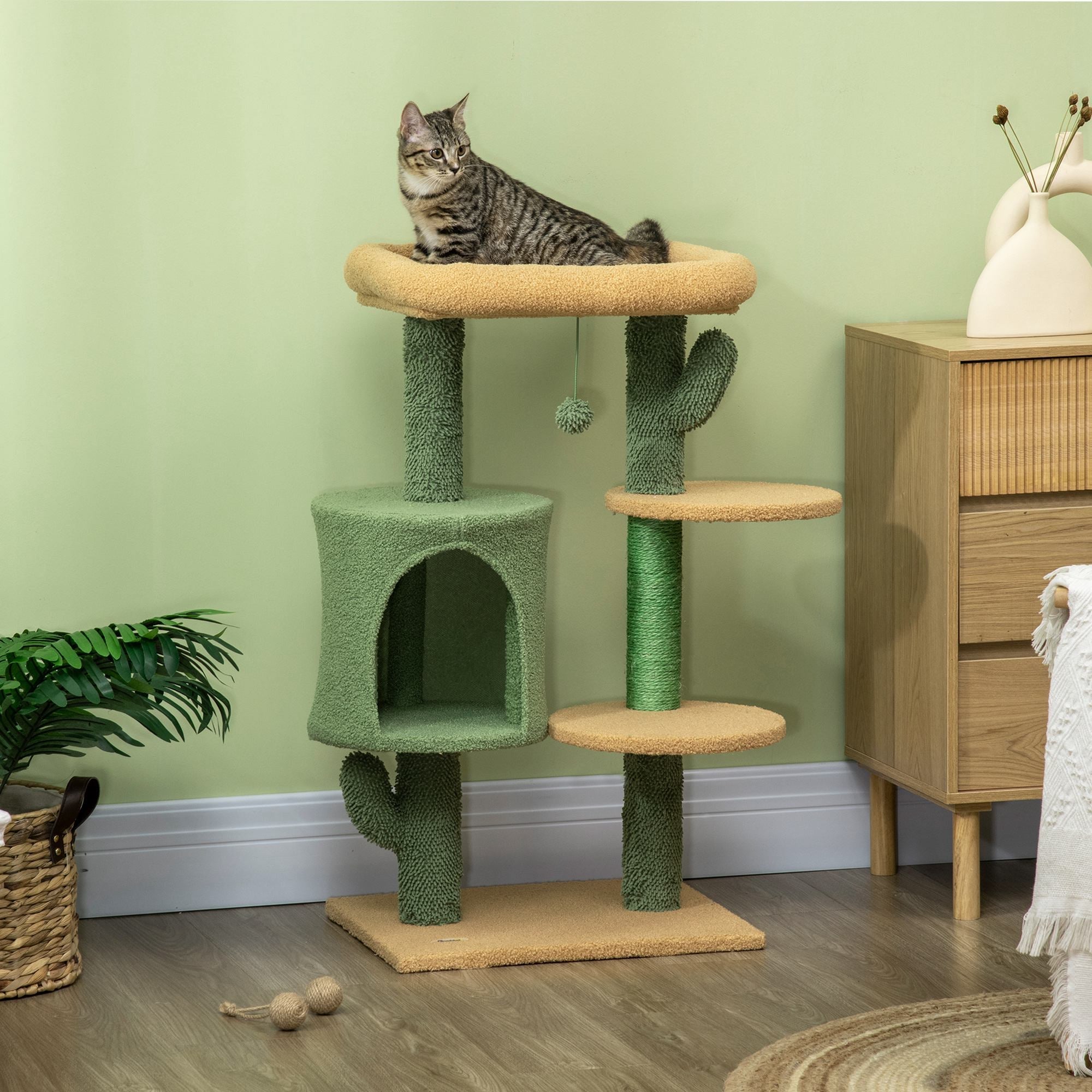 Cactus Cat Tree, 90cm Cat Climbing Tower, kitten Activity Centre with Teddy Fleece House, Bed, Sisal Scratching Posts and Hanging Ball, Green, PawHut,