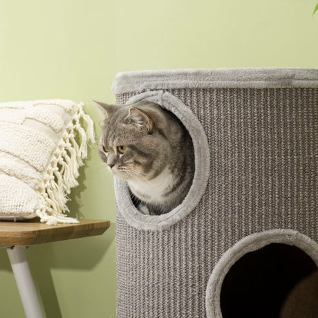 Cat Climbing Barrel, Covered with Sisal, Cosy Platform - Light Grey, PawHut,