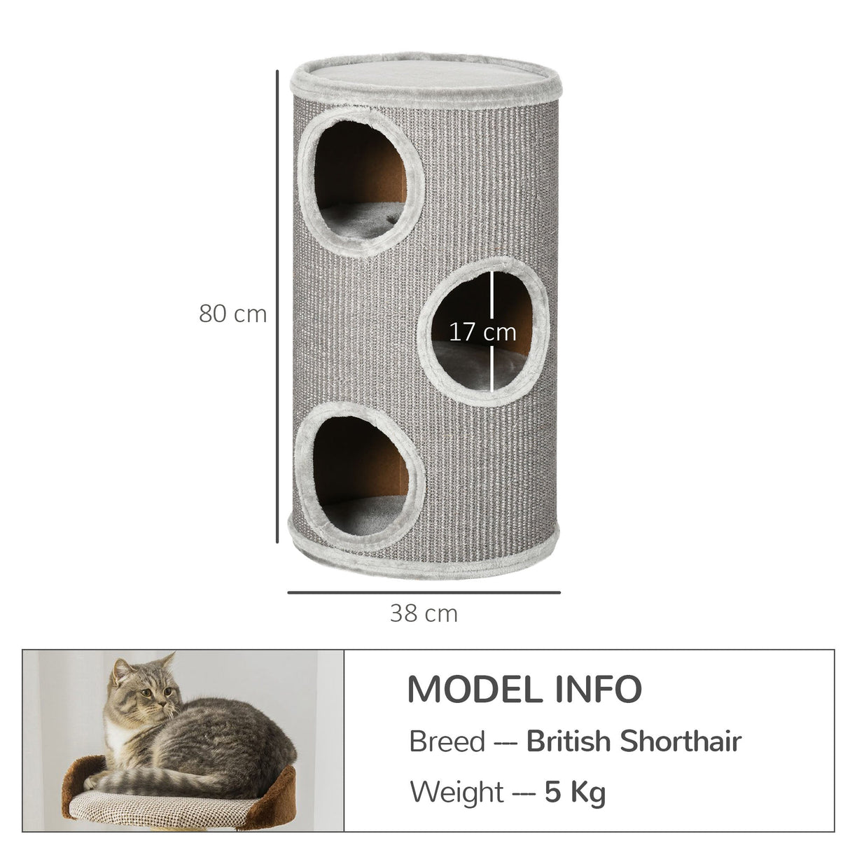 Cat Climbing Barrel, Covered with Sisal, Cosy Platform - Light Grey, PawHut,