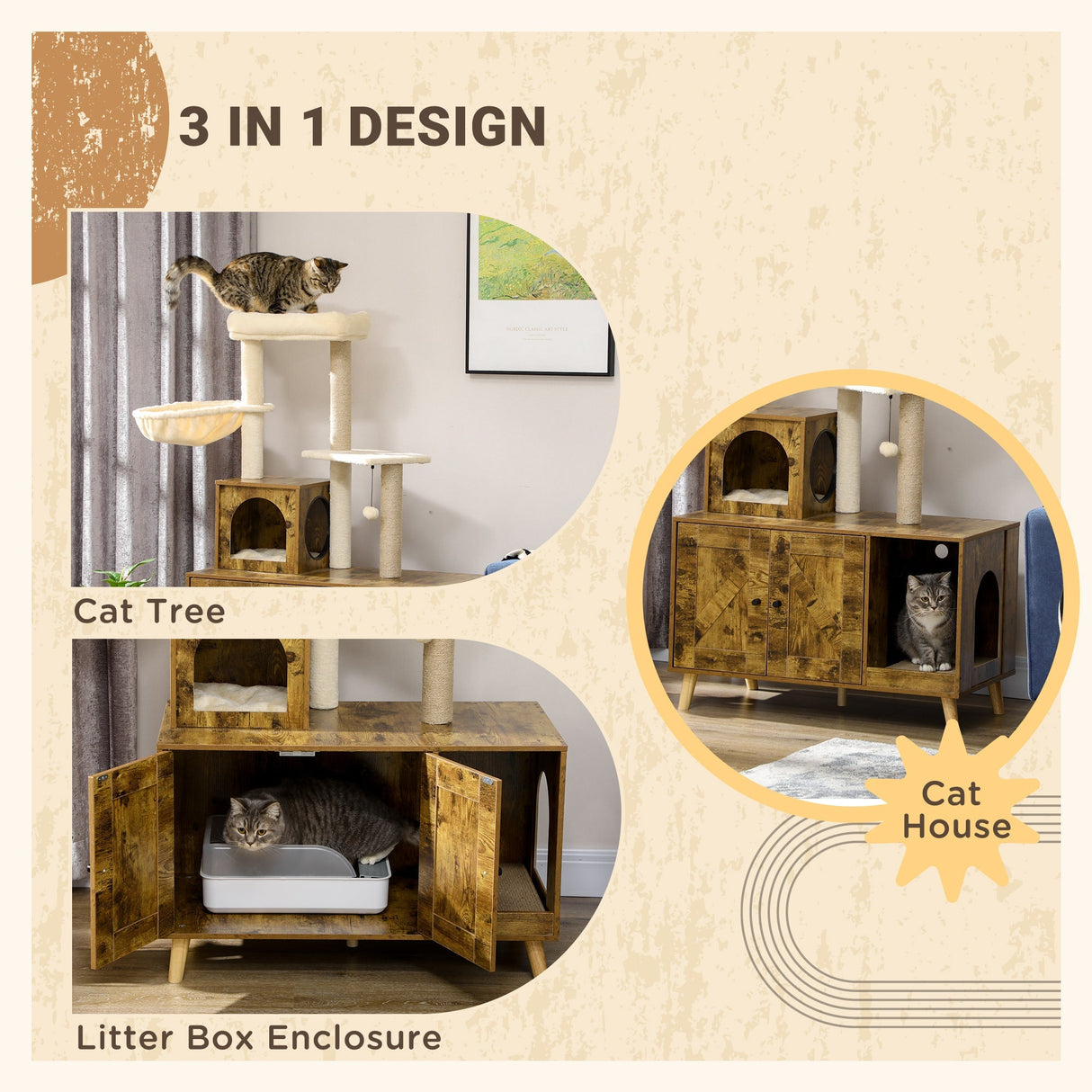 Cat Litter Box Enclosure with Tree Tower & Hammock - Rustic Style, PawHut,